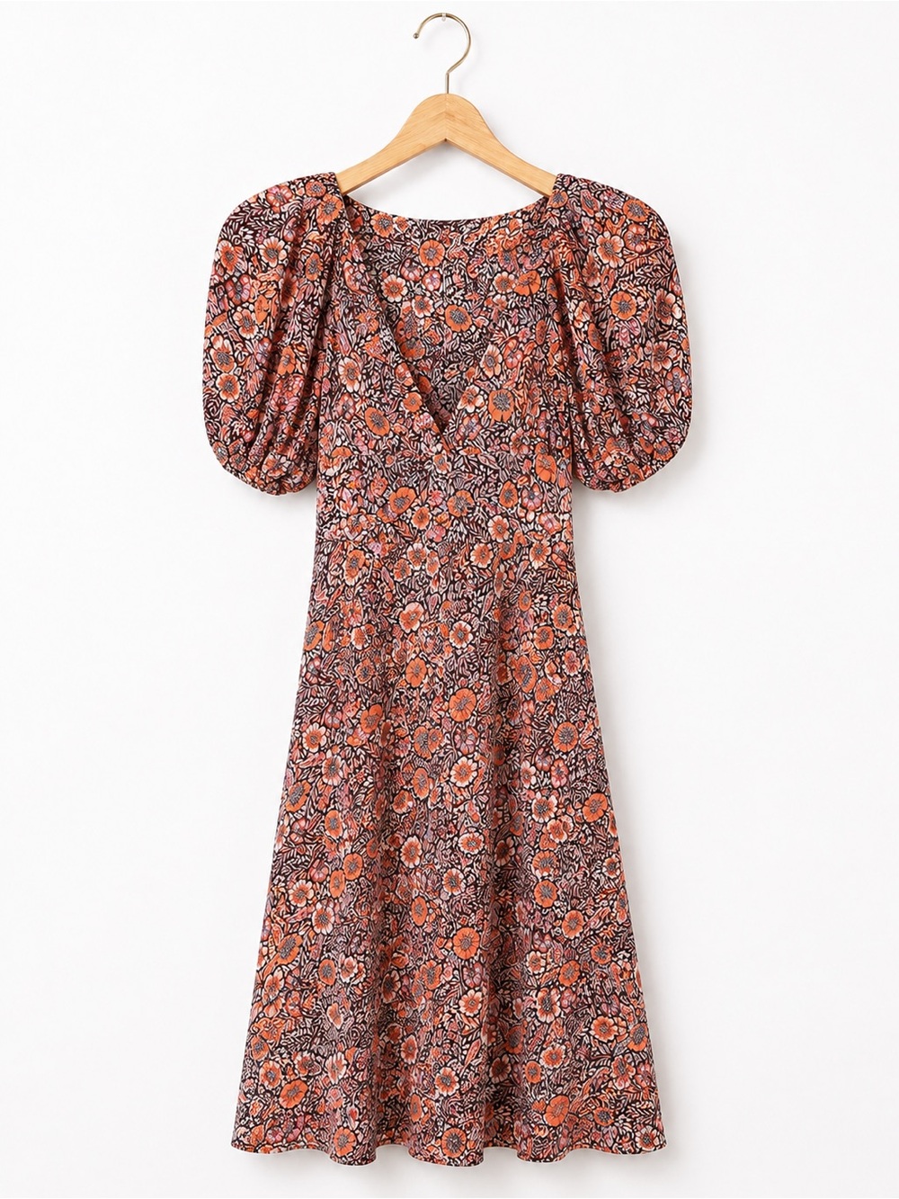 Sincerely Jules Rust Floral Puff-Sleeve Midi Dress